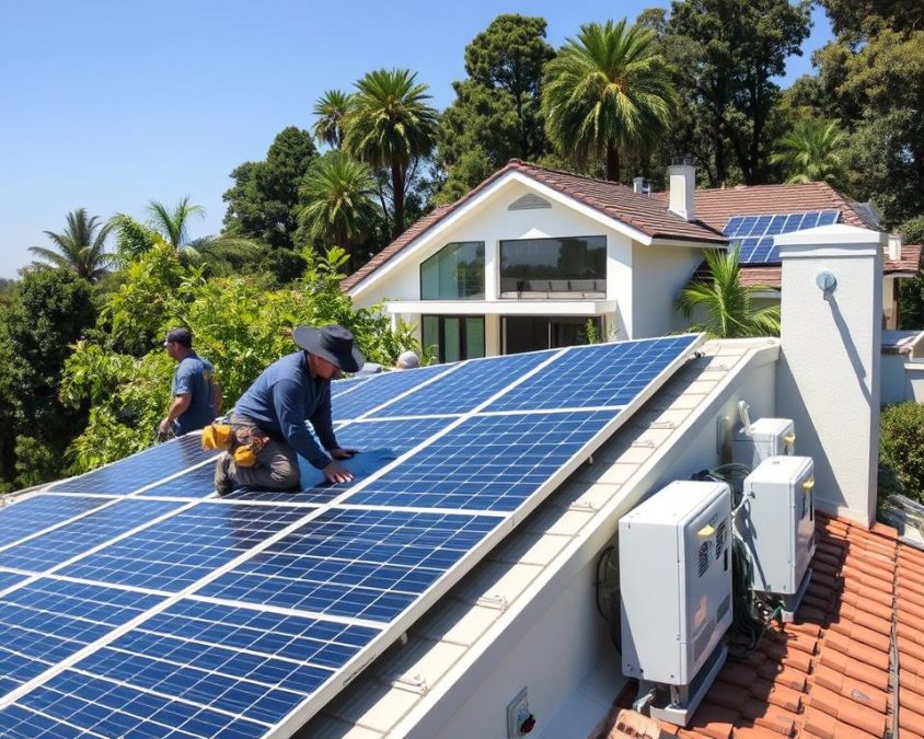 A sunny, well-lit installation site for a residential photovoltaic system. In the foreground, a team of technicians carefully mounting solar panels onto the rooftop, their movements precise and coordinated. The middle ground reveals the array of inverters and electrical components being expertly integrated into the home's electrical system. In the background, the sleek, modern home sits nestled among lush greenery, its façade complemented by the gleaming solar installation. The scene conveys a sense of professionalism, efficiency, and environmental responsibility as the PV system is seamlessly integrated into the residential setting. A sunny, well-lit installation site for a residential photovoltaic system. In the foreground, a team of technicians carefully mounting solar panels onto the rooftop, their movements precise and coordinated. The middle ground reveals the array of inverters and electrical components being expertly integrated into the home's electrical system. In the background, the sleek, modern home sits nestled among lush greenery, its façade complemented by the gleaming solar installation. The scene conveys a sense of professionalism, efficiency, and environmental responsibility as the PV system is seamlessly integrated into the residential setting.