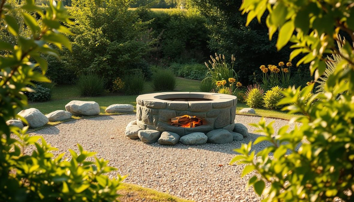 A tranquil outdoor setting nestled in a lush garden, showcasing the perfect placement of a rustic, stone-built firepit. The scene is bathed in warm, natural lighting, captured with a DSLR 85mm lens for a realistic, imperfect aesthetic. The firepit is positioned on a level, gravel-covered surface, surrounded by well-placed, strategically arranged rocks to ensure safety and stability. Vibrant, verdant foliage frames the composition, creating a serene, inviting atmosphere. The image conveys a sense of coziness and outdoor relaxation, ideal for illustrating the "Standort, Sicherheit und rechtliche Hinweise" section of the article on "Feuerstelle Garten: Tipps für Auswahl & Sicherheit."