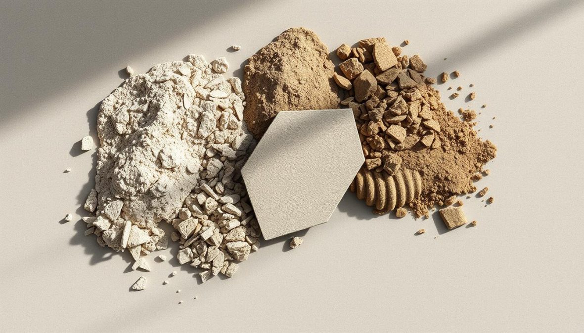 A well-lit display of various types of cement-based grout, including sanded and unsanded options, in a range of natural earth-toned hues. The grout samples are neatly arranged on a neutral-colored surface, showcasing their distinctive textures and mixes. The lighting casts subtle shadows, accentuating the depth and materiality of the products. The overall composition is clean, minimalist, and invites the viewer to closely examine the nuanced differences between the grout selections. The scene captures the essence of the "Fliesen verfugen: Auswahl und Anmischen von Fugenmörtel" section, providing a visually engaging reference for the article.