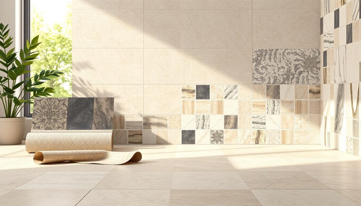 A well-lit, photorealistic scene showcasing a selection of high-quality tile covering foils for home renovations. The foreground features various foil patterns, textures, and colors, neatly arranged on a clean, neutral-toned surface. The middle ground depicts the foils being applied to a tiled wall, demonstrating the ease of installation. The background fades into a softly-lit, natural environment, creating a serene and inviting atmosphere. The image captures the versatility and practicality of these modern tile overlays, conveying a sense of effortless transformation for any home interior.