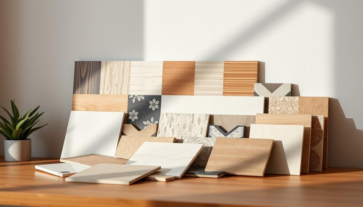A well-lit, photorealistic tabletop display showcasing a variety of self-adhesive tile samples in various colors, textures, and sizes. The tiles are arranged neatly, allowing the viewer to closely examine their qualities. The lighting is natural and soft, creating a warm, inviting atmosphere. The camera angle is slightly elevated, providing a clear, unobstructed view of the tiles. The image captures the essential details and visual appeal of the tiles, enabling the viewer to envision how they might look when installed on a wall.