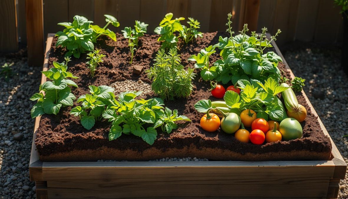 A well-structured, layered vegetable garden bed with distinct soil layers - rich brown topsoil, compost, and gravel base - neatly assembled in a wooden frame. Verdant leafy greens, vibrant herbs, and plump vegetables thrive in the carefully cultivated soil, basking in the warm, natural light. The scene conveys a sense of abundance, organization, and the joy of homegrown produce. Photorealistic in style, with a DSLR 85mm lens capturing the scene in realistic imperfections and natural lighting.