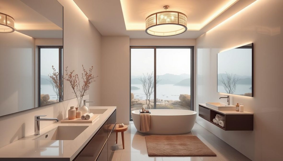 Badbeleuchtung 2025: A modern bathroom with sleek, minimalist fixtures and a stunning overhead lighting fixture casting a warm, inviting glow. The countertop is adorned with artfully arranged decorative items, while a large mirror reflects the serene atmosphere. Soft textures, such as plush towels and a cozy bath mat, add to the luxurious ambiance. The room is bathed in natural light, with a large window providing a panoramic view of a tranquil outdoor scene. The overall aesthetic is one of sophisticated elegance, perfectly showcasing the importance of lighting and thoughtful decor in creating an inspiring bathroom oasis.