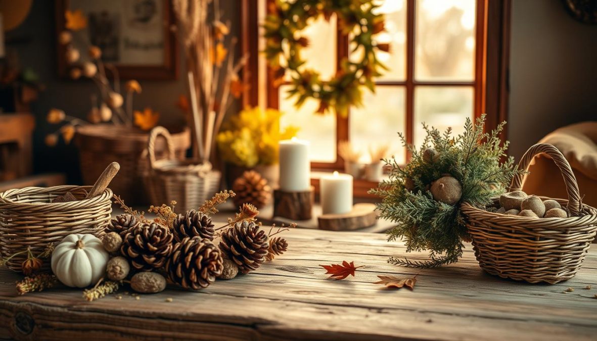 Cozy autumn-themed DIY ideas presented in a rustic, natural setting. In the foreground, an assortment of seasonal elements like dried flowers, pinecones, and woven baskets sit on a rough wooden table. The middle ground showcases a few simple yet elegant DIY projects, such as a candle holder made from a carved log and a wreath of foraged foliage. Warm, golden light filters through the window, casting a comforting glow over the scene. Subtle imperfections and textures add to the handmade, homespun aesthetic. An inviting, serene atmosphere that inspires creativity and embraces the charm of the autumn season.
