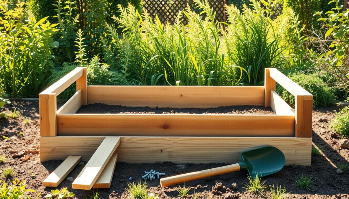 Detailed step-by-step instructions for building a raised garden bed. A wide, sturdy wooden frame stands in a bright, natural setting, filled with rich soil and surrounded by lush greenery. Tools and materials like boards, screws, and a shovel are neatly arranged in the foreground, ready for assembly. Warm, diffused sunlight casts gentle shadows, creating a sense of depth and texture. The scene conveys a feeling of productive DIY gardening, with a focus on the practical process of constructing the raised planter bed.