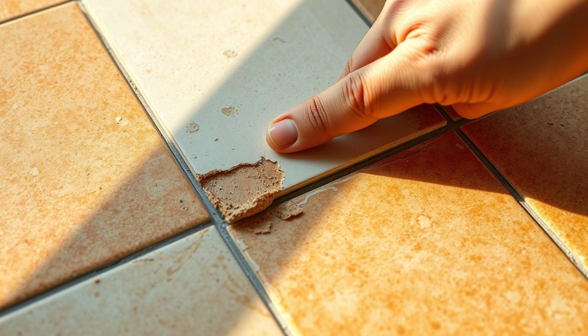 Erste Fliese finden: A close-up view of a hand gently prying up the first tile from a tiled surface. The tile's edges are cracked and chipped, revealing the adhesive and substrate beneath. Warm, natural light illuminates the scene, casting soft shadows and highlighting the textures of the materials. The surrounding tiles are in various stages of removal, creating a sense of progress and the beginning of a larger project. The image conveys a sense of careful, methodical work, with the goal of fully removing the existing tiles to prepare the surface for a new installation.