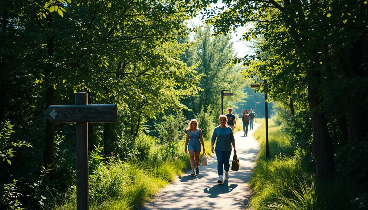 Gehrecht Fahrrecht Besucher: a tranquil path through a verdant landscape, lined with lush foliage and sun-dappled trees. Visitors stroll leisurely, taking in the serene ambiance. Soft natural light filters through the canopy, casting gentle shadows and highlights across the scene. The path meanders invitingly, beckoning exploration. Weathered signposts mark the way, their worn surfaces hinting at the history of this well-trodden route. Underfoot, the trail is a tapestry of earthy textures, blending seamlessly with the surrounding environment. An atmosphere of peaceful contemplation pervades, as visitors mindfully traverse the Gehrecht Fahrrecht, immersed in the beauty of their natural surroundings.