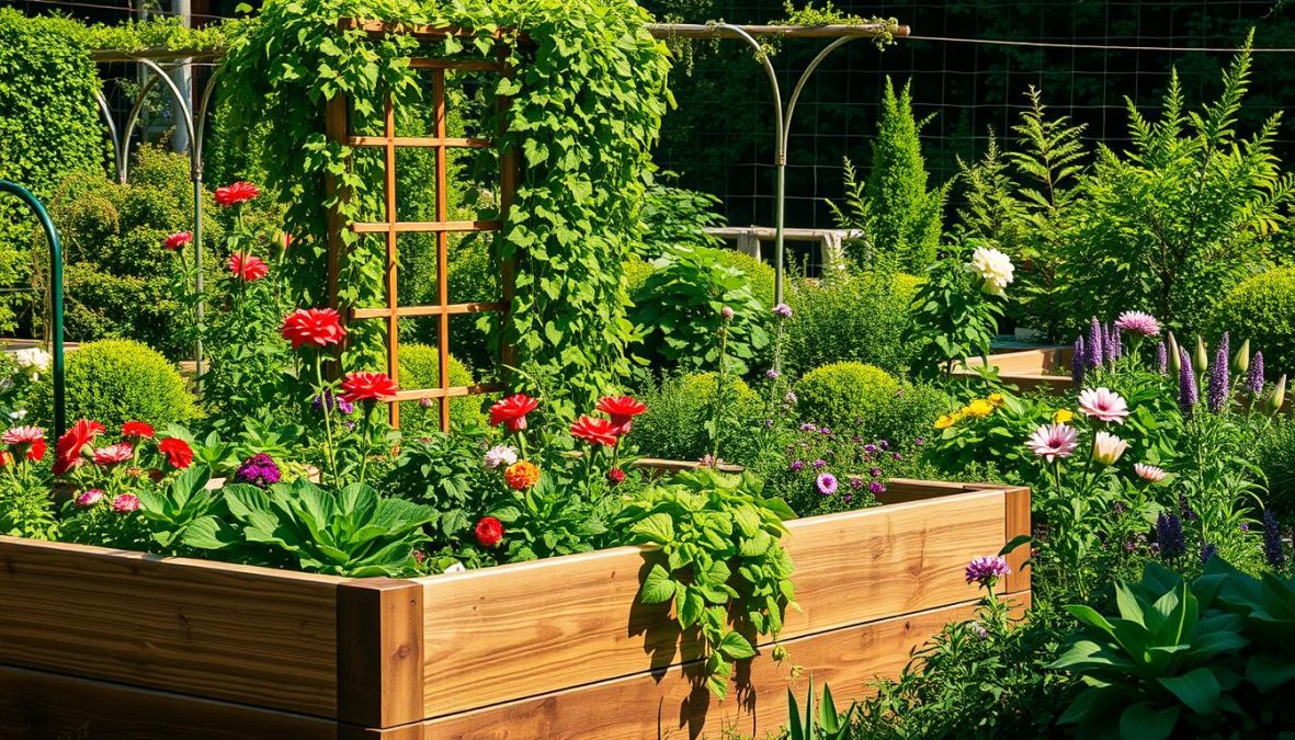 Lush, verdant garden filled with a diverse array of thriving plants, from vibrant flowers to neatly trimmed shrubs. In the foreground, a well-crafted wooden raised garden bed overflows with a bountiful harvest of fresh produce. Cascading vines and climbing plants adorn a vertical trellis structure, adding depth and visual interest. The scene is bathed in warm, natural sunlight, creating a serene and inviting atmosphere. Realistic imperfections and textures lend an authentic touch to this photorealistic landscape, capturing the beauty and tranquility of a thoughtfully designed garden oasis.