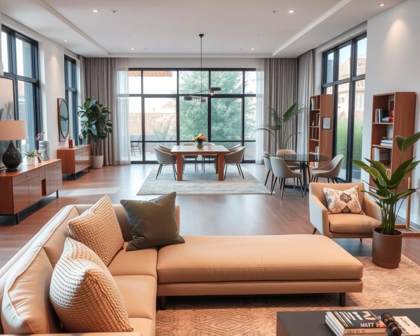 Modernes Wohnambiente mit verschiedenen Raumtypen: Wohnzimmer, Essbereich und Leseecke
