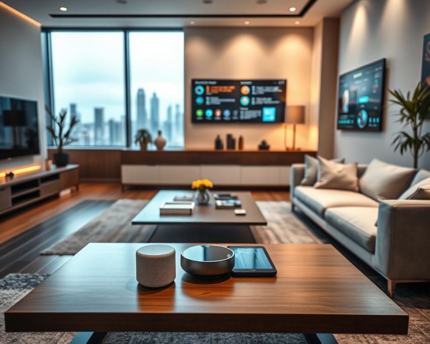 Modernes Wohnzimmer mit integrierter Smart-Home-Technik, dezent ins Design eingebettet