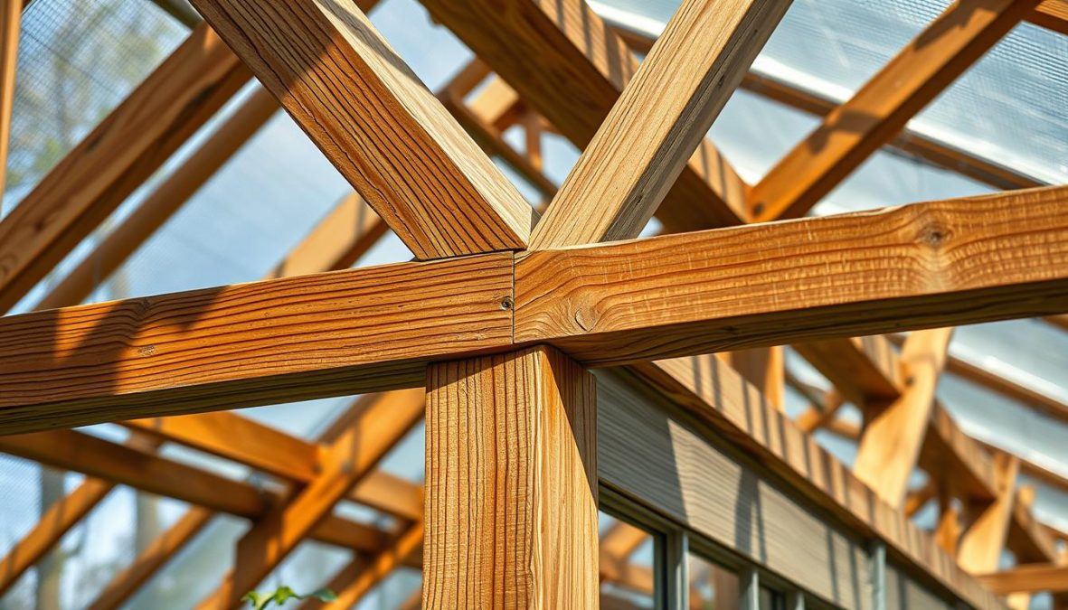 Photorealistic close-up of a wooden greenhouse frame, with natural lighting and realistic imperfections captured by a DSLR 85mm lens. The frame is made of sturdy, weathered timber with visible grain and a warm, rustic tone. The joints are expertly crafted, showcasing the carpenter's attention to detail. The overall composition emphasizes the durability and craftsmanship of the greenhouse structure, reflecting the care and precision required in its construction.
