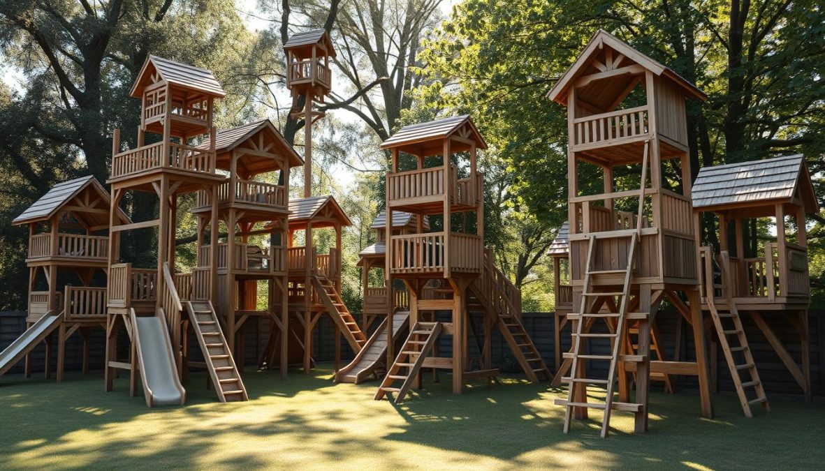Photorealistic display of a variety of "spielturm modelle" (play tower models) in a natural outdoor setting. The structures are constructed with high-quality wood and feature sturdy platforms, ladders, and slides. Sunlight gently filters through the surrounding trees, casting warm shadows and highlights on the detailed textures. The play towers are arranged in an inviting composition, showcasing their diverse shapes, sizes, and design elements. The scene conveys a sense of adventure and imagination, perfect for a children's play area in a backyard garden. The DSLR 85mm lens captures the structures with realistic imperfections, emphasizing the craftsmanship and functionality of these "spielturm modelle".