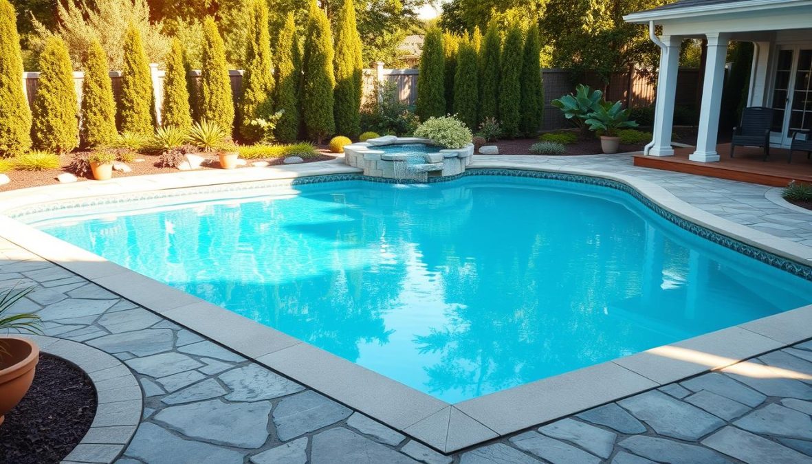 Photorealistic image of a pristine in-ground swimming pool surrounded by a lush backyard oasis. The pool features clean, geometric lines and a glistening turquoise surface reflecting the natural light. Intricate stone paving leads to the pool's edge, complemented by carefully manicured landscaping, potted plants, and a wooden deck. The scene conveys a sense of tranquility and relaxation, with warm, natural lighting casting gentle shadows. A DSLR 85mm lens captures the scene with realistic imperfections, creating a captivating, lifelike visualization of a DIY pool construction project.