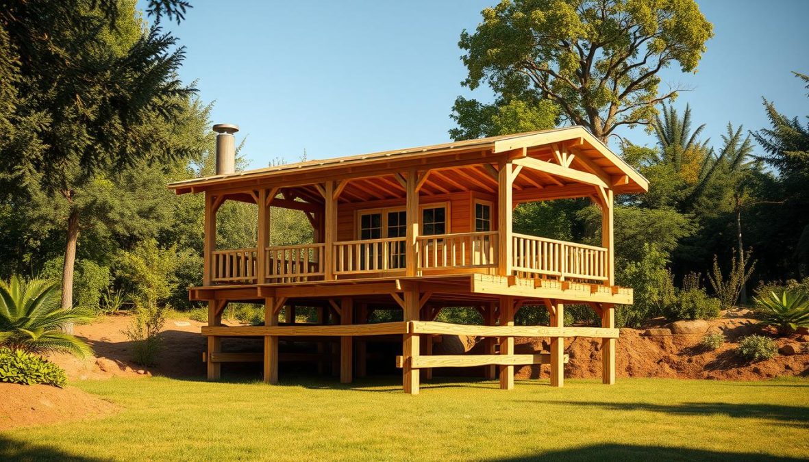 Photorealistic image of a sturdy, wooden garden house with a raised foundation. The structure stands in a lush, natural setting, with vibrant greenery and earthy tones surrounding it. The natural lighting casts warm, gentle shadows, creating a serene and inviting atmosphere. The construction features a well-defined base, with a solid, precisely built foundation that elevates the building off the ground. The frame of the house is sturdy and visually appealing, showcasing the craftsmanship and attention to detail. The overall scene conveys a sense of stability, quality, and a connection to the outdoors.