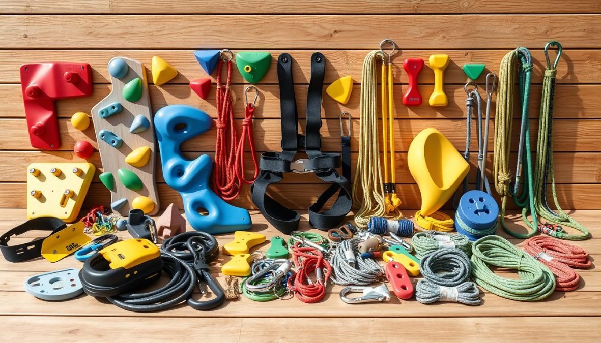 Photorealistic image of a variety of Klettergerüst accessories arranged on a wooden surface with natural lighting. A collection of climbing wall holds, safety harnesses, climbing ropes, carabiners, and other climbing equipment in various colors and textures. The items are displayed in an organized, visually appealing manner, showcasing the diverse accessories available for a playground climbing structure. The image conveys a sense of adventure, functionality, and safety, reflecting the subject of the article's section on Klettergerüst equipment and accessories.