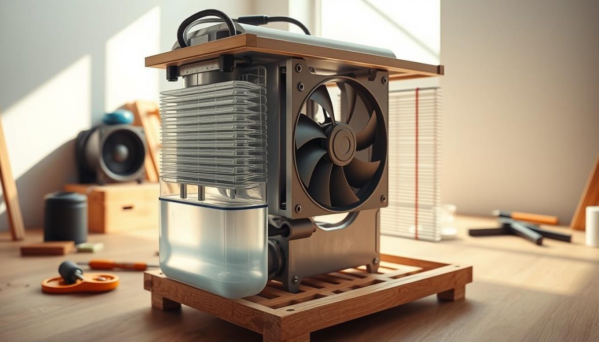 Photorealistic image of an intricate DIY evaporative cooling device. The device is prominently featured in the foreground, showcasing its various components - water reservoir, fan, and cooling pads. The middle ground depicts a clean, minimalist workspace with a few tools and materials used in the construction process. The background features a warm, natural lighting, with subtle shadows and highlights that accentuate the device's form and texture. The image conveys a sense of practicality, attention to detail, and a DIY spirit, reflecting the subject of the article's section on "klimaanlage selber bauen: Bewährte DIY-Methoden und Schritt-für-Schritt-Anleitungen".