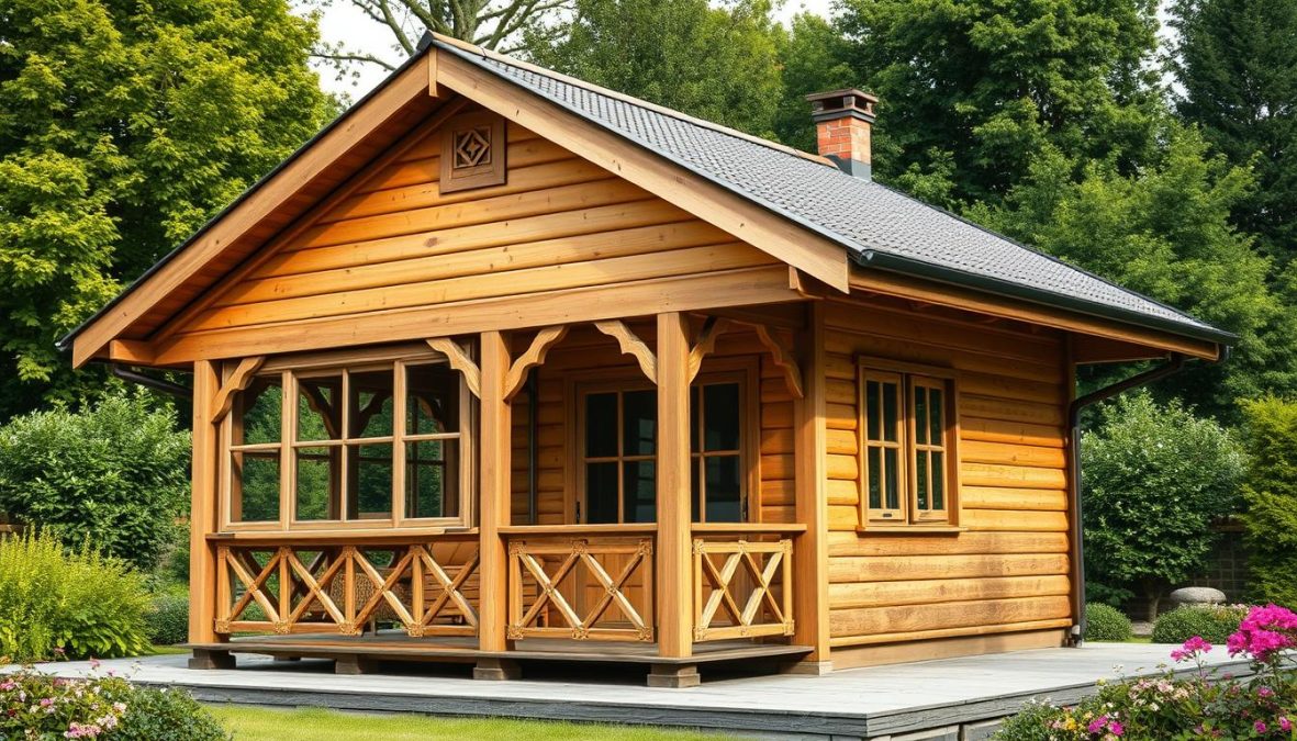 Photorealistic, natural lighting image of a traditional German "pultdach gartenhaus" using a DSLR 85mm lens. The garden house features a sleek, asymmetrical roofline with a overhanging pultdach design. The exterior is clad in warm, weathered wood panels with intricate joinery details. A wrap-around veranda with ornate wooden railings and posts adds architectural interest. The scene is set against a lush, verdant garden backdrop, capturing the peaceful, rustic ambiance. Realistic imperfections and textures convey an authentic, handcrafted quality.