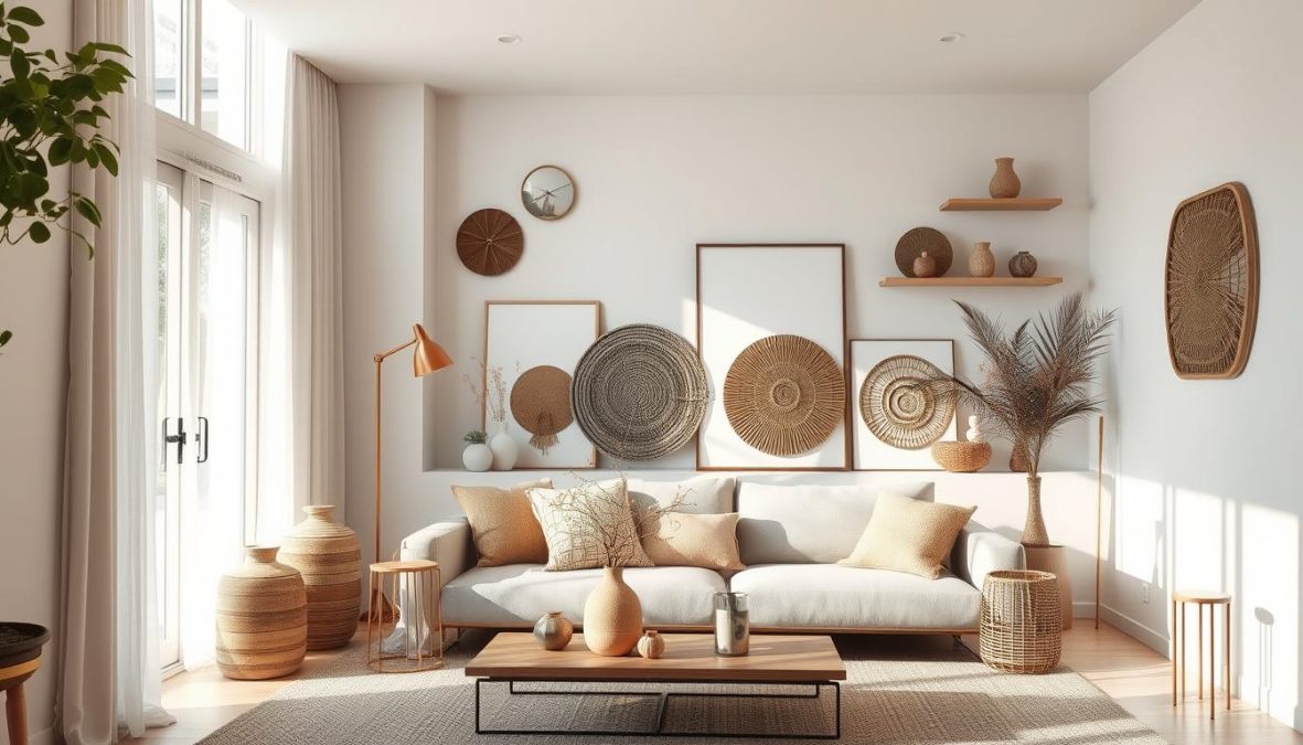 Photorealistic scene depicting a cozy, minimalist living room with various DIY decor pieces arranged in a stylish, harmonious manner. Soft natural light filters in through large windows, accentuating the textures and materials used - a mix of natural wood, woven textiles, ceramic vases, and metal accents. The room conveys a sense of tranquility and effortless sophistication, reflecting the theme of "sustainable hominess" and the trends of 2025. The composition draws the viewer's eye to the carefully curated vignettes, showcasing the creative potential of DIY home decor.