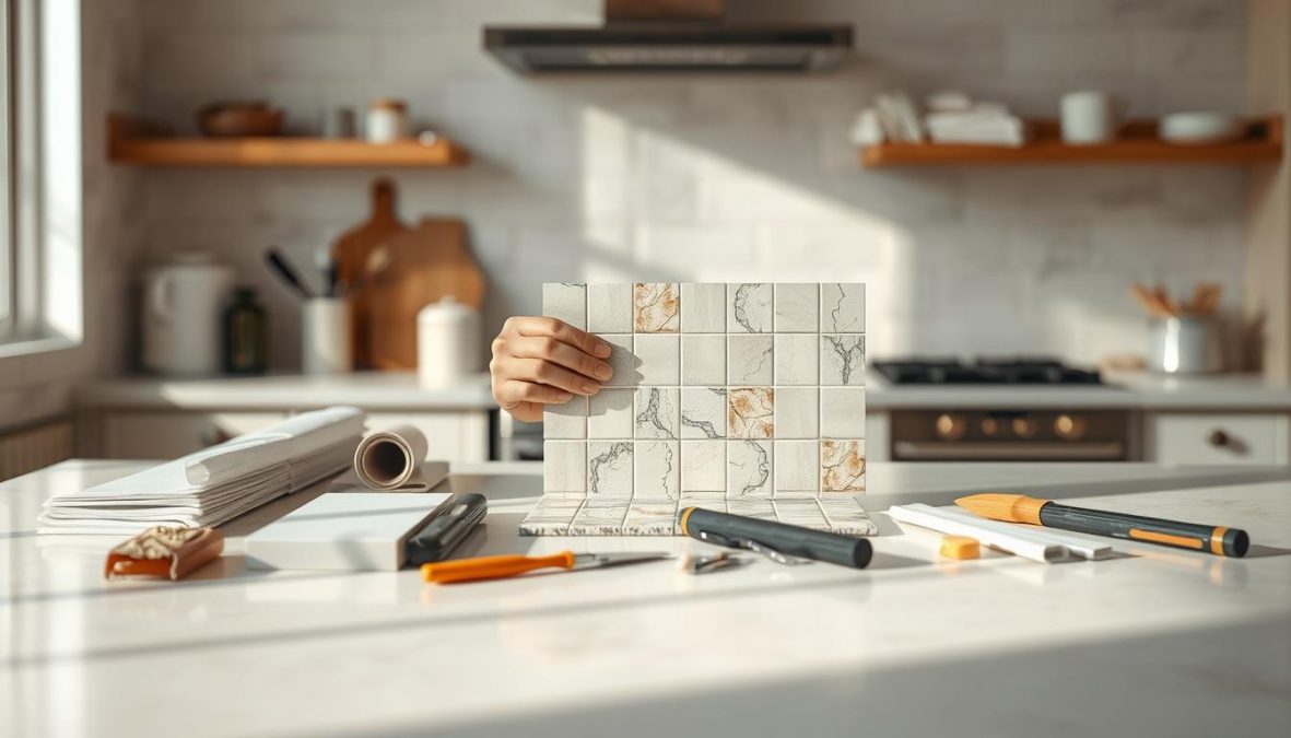 Photorealistic scene of a step-by-step guide on how to cover tiles. A clean, well-lit kitchen countertop fills the frame, with a variety of tiling materials and tools neatly arranged in the foreground. The lighting is natural and diffused, creating soft shadows and highlights that accentuate the textures and colors of the materials. In the middle ground, a person's hands are carefully applying adhesive to a tile, demonstrating the process. The background is blurred, keeping the focus on the hands and the materials. The overall mood is one of precision, care, and attention to detail, reflecting the practical nature of the tiling cover-up process.