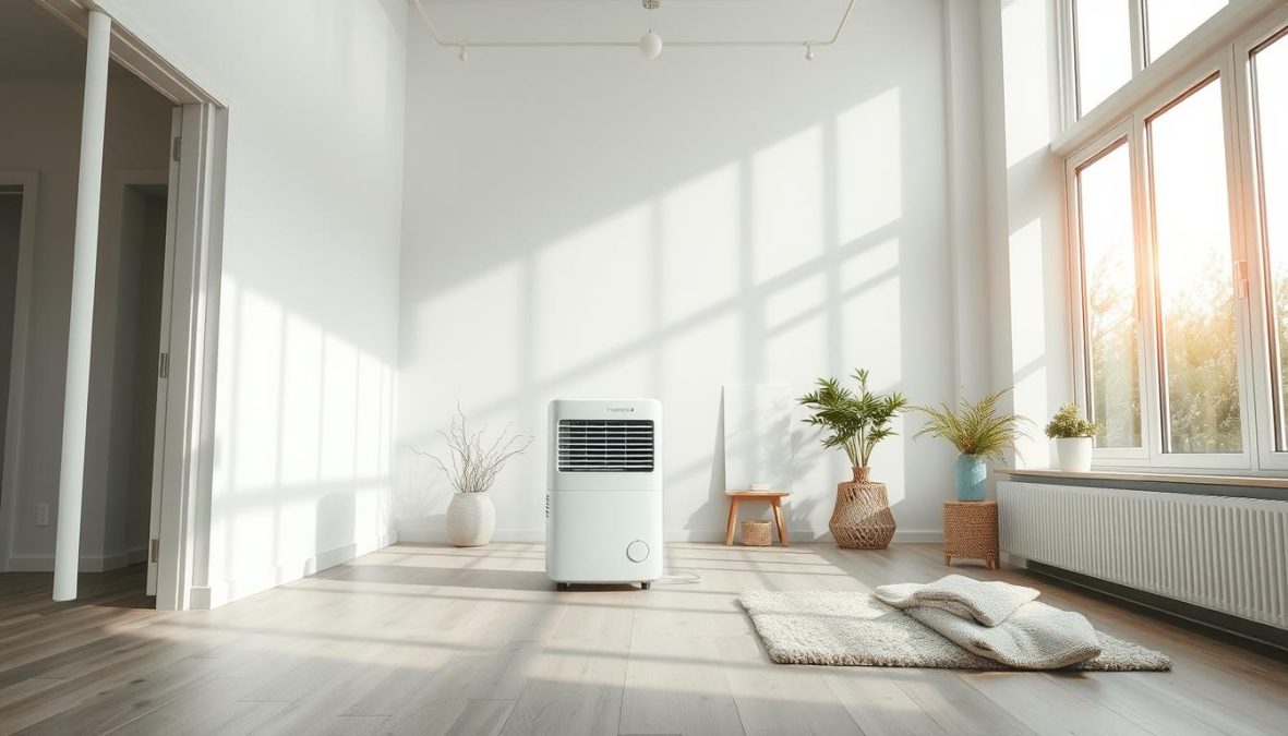 Schimmelprävention: A well-lit, detailed image showcasing preventive measures against mold growth in a modern, minimalist interior. The scene depicts a bright, airy room with natural light streaming through large windows, highlighting a dehumidifier unit and moisture-absorbent materials strategically placed throughout. Emphasis on clean, uncluttered surfaces and a serene, calming atmosphere, conveying practical solutions for maintaining a healthy, mold-free environment. Photorealistic quality with realistic imperfections, captured with a DSLR 85mm lens for a crisp, high-resolution result.