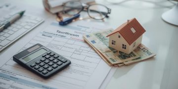 Taschenrechner, Steuerdokumente und Hausmodell – Hausteilverkauf Steuern