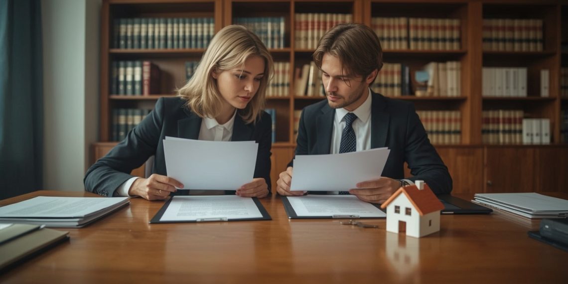 Notar und Klient pruefen Immobilienvertrag – Hausteilverkauf Ablauf