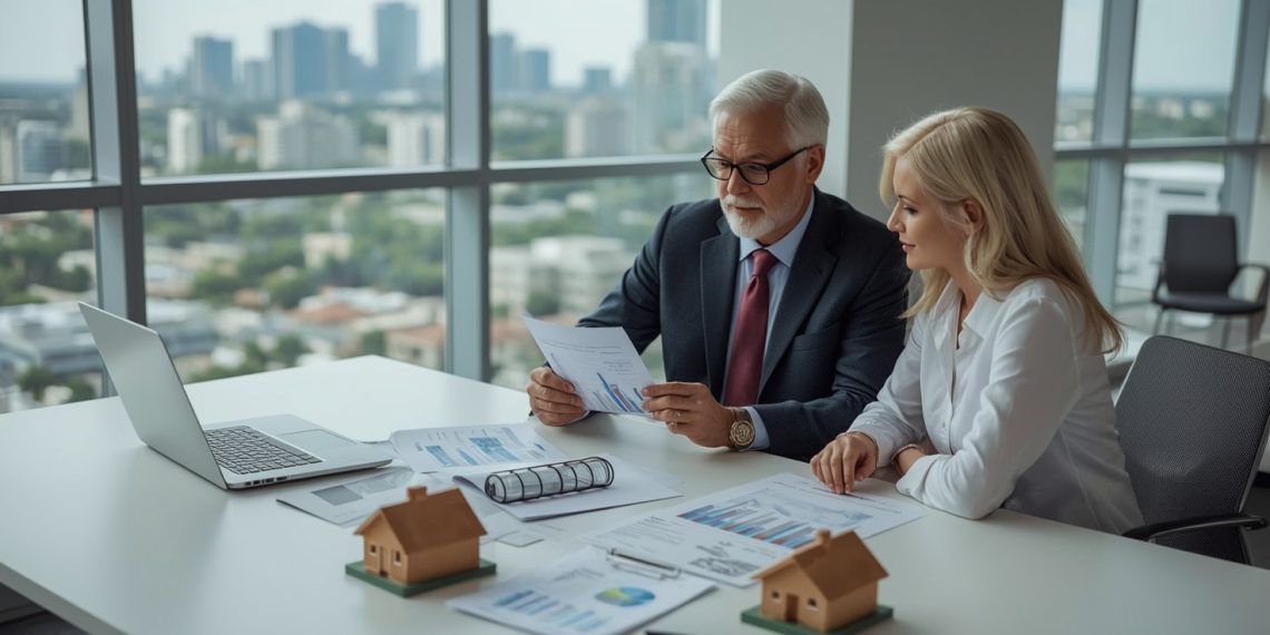 Immobilienberater erklaert Angebote an Klienten – Hausteilverkauf Anbieter Vergleich