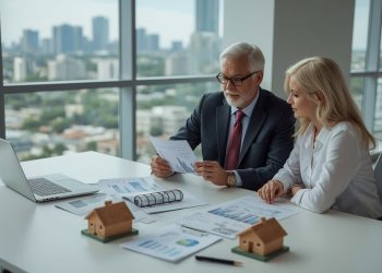 Immobilienberater erklaert Angebote an Klienten – Hausteilverkauf Anbieter Vergleich