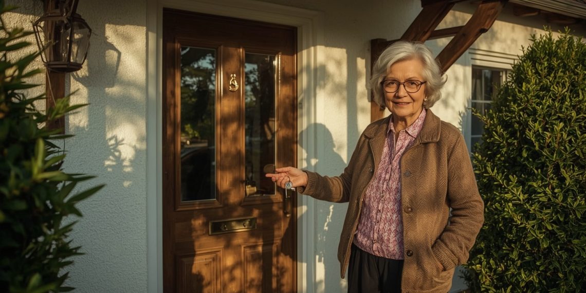 Seniorin mit Schluessel an ihrer Haustuere – Hausteilverkauf Wohnrecht