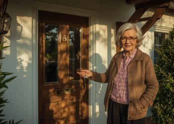Seniorin mit Schluessel an ihrer Haustuere – Hausteilverkauf Wohnrecht